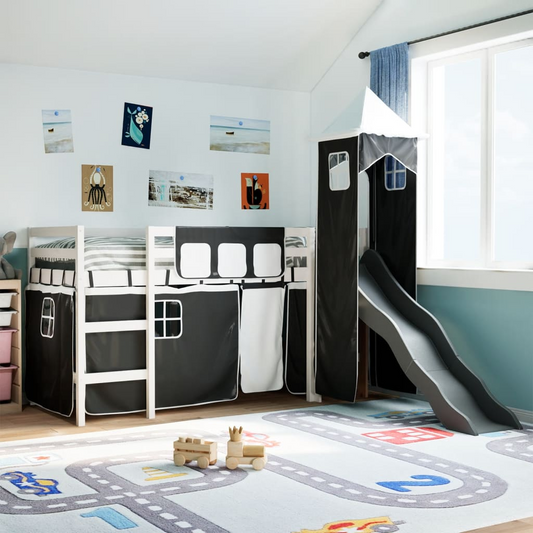 Kids Loft Bed with Tower & Slide White & Black