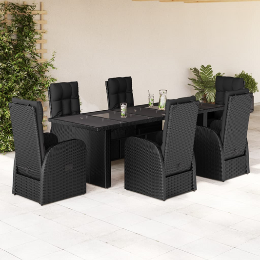 7 Piece Rattan Dining Set with Cushions Black